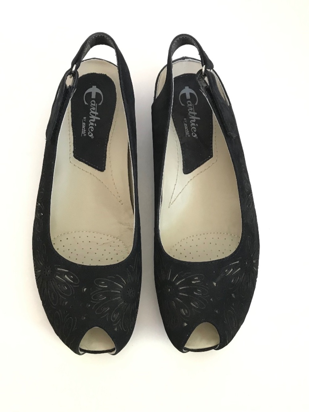 EARTHIES Slingback Leather Flats Peep Toe Sandals Black Milos Women’s Size 9